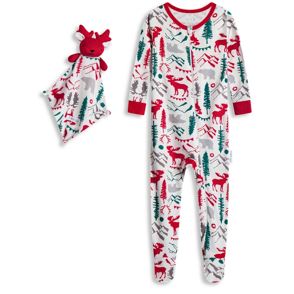 Max & Olivia  Holiday Pajama Set with Reindeer and Trees with bonus Lovie